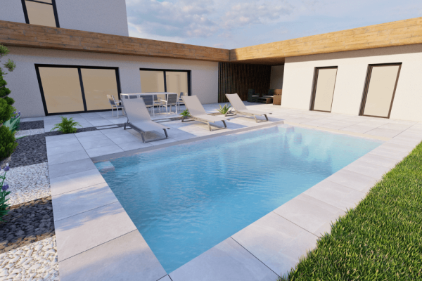 Angélite – Piscine coque fond plat avec banquette à Nantes et Rennes